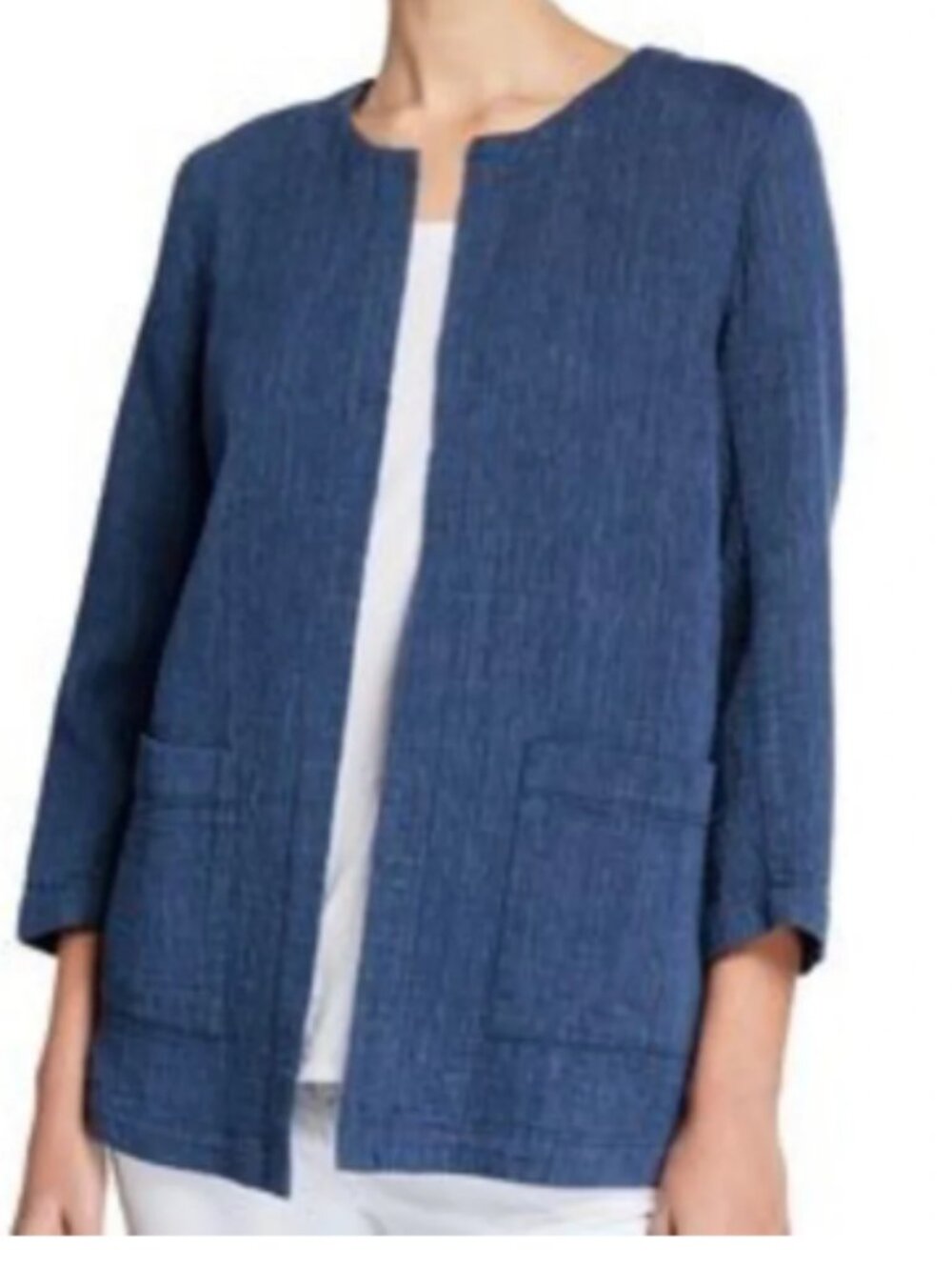 Eileen Fisher Chambray Quilted Cotton Linen Open Front Jacket Topper size 2X